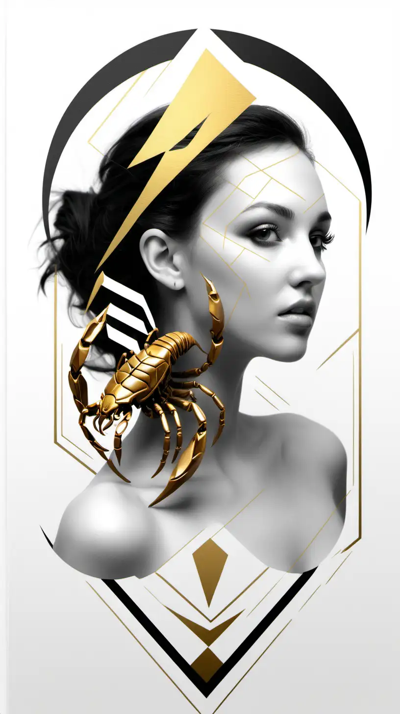featuring a realistic [scorpio zodiac] [a beautiful woman] [geometric shapes] [one geometric  scorpion representing scorpio zodiak sign]
[black and white and gold]
white empty background