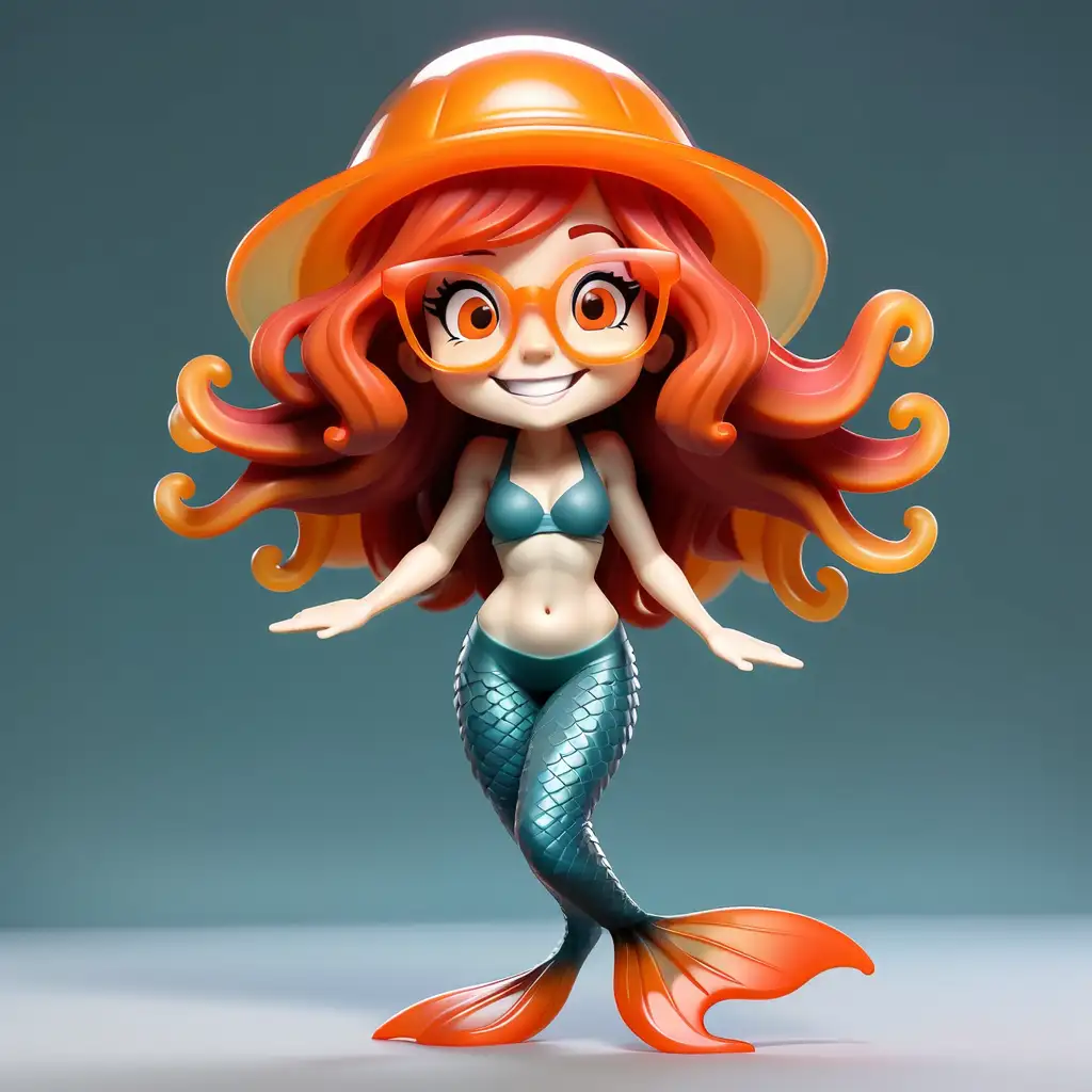 Cheerful RedHaired Cartoon Mermaid in Stylish Sportswear and Jellyfish Hat