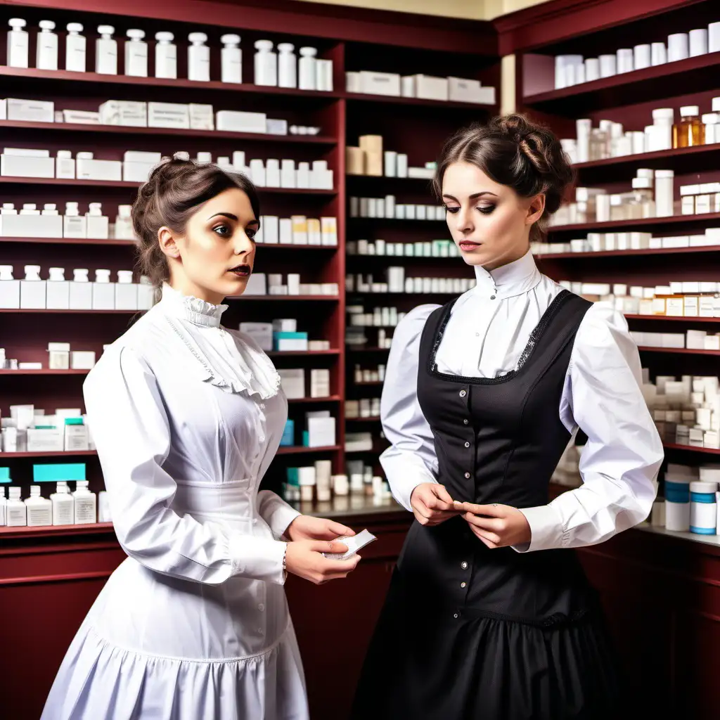 Victorian Style Dresses Pharmacist Advising on Drug Usage in a Drugstore