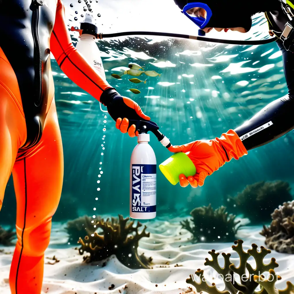 The diver is cleaning the swimsuit.
Salt-x spray for removing salt, algae bottle Bittrriks measuring with a dispenser for dilution.