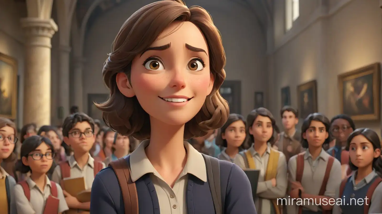 3D illustrator of an animated scene of  female teacher which has a A slight smile when she heard the student question    while they  standing in big  real museum  surrounding by  her standing students 