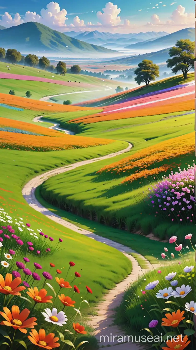Vibrant Grassland with Blooming Flowers Serene Landscape