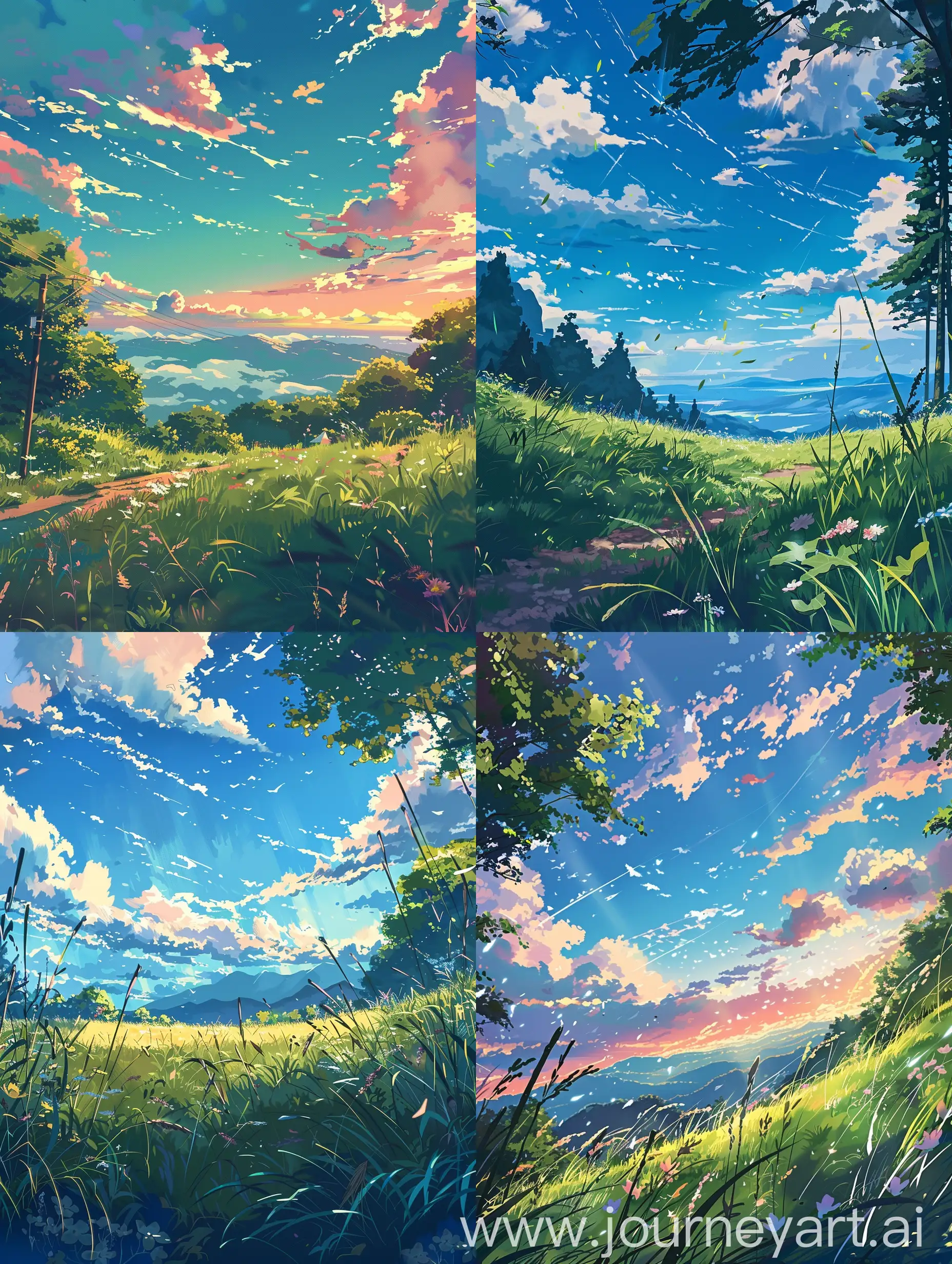 Beautiful anime style,Makoto Shinkai style and ghibli mix style,landscape where the spirit of adventure and boundless possibilities come alive. A place where nature’s artistry is in full bloom, with a sky painted in vibrant hues, grass dancing to the rhythm of the wind, trees swaying with grace, and majestic mountains standing tall. This serene haven is a testament to the beauty and wonder that the world holds, inviting one to explore and dream without limits.”sharp details,beautiful summmers.