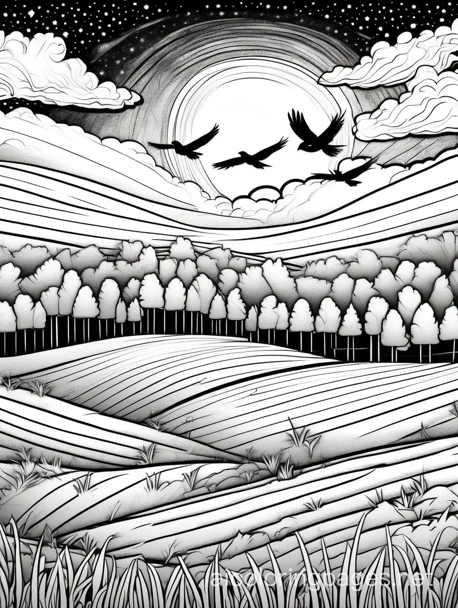 Sky in the evening. Sunset. Field in the foreground, forest in the background. The sky is partly stellar. One bird is flying. One fluffy cloud is on the sky., Coloring Page, black and white, line art, white background, Simplicity, Ample White Space. The background of the coloring page is plain white to make it easy for young children to color within the lines. The outlines of all the subjects are easy to distinguish, making it simple for kids to color without too much difficulty