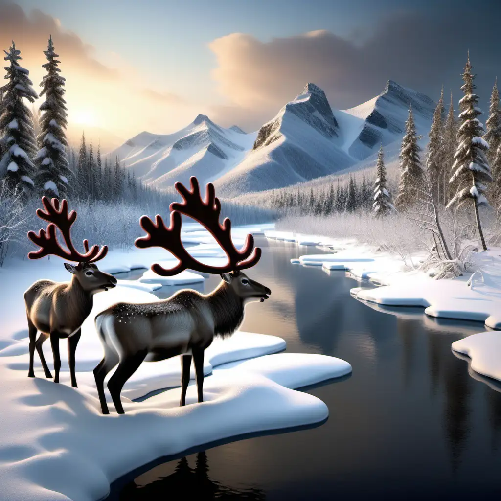 Craft a lifelike and mesmerizing photograph, reminiscent of a scene captured by a Canon Mark 3D camera. Northern Canada with snow-covered mountains, photo of a gracefully adorned reindeers, and a meandering river embraced by a pristine snowy landscape. Leverage the capabilities of the Canon Mark 3D to ensure the image reflects intricate details, vivid colors, and a sense of realism. Let the soft sunlight in the background cast a warm, enchanting glow, enhancing the overall photographic experience. Design the image aiming to transport individuals to the heart of the serene northern wilderness.