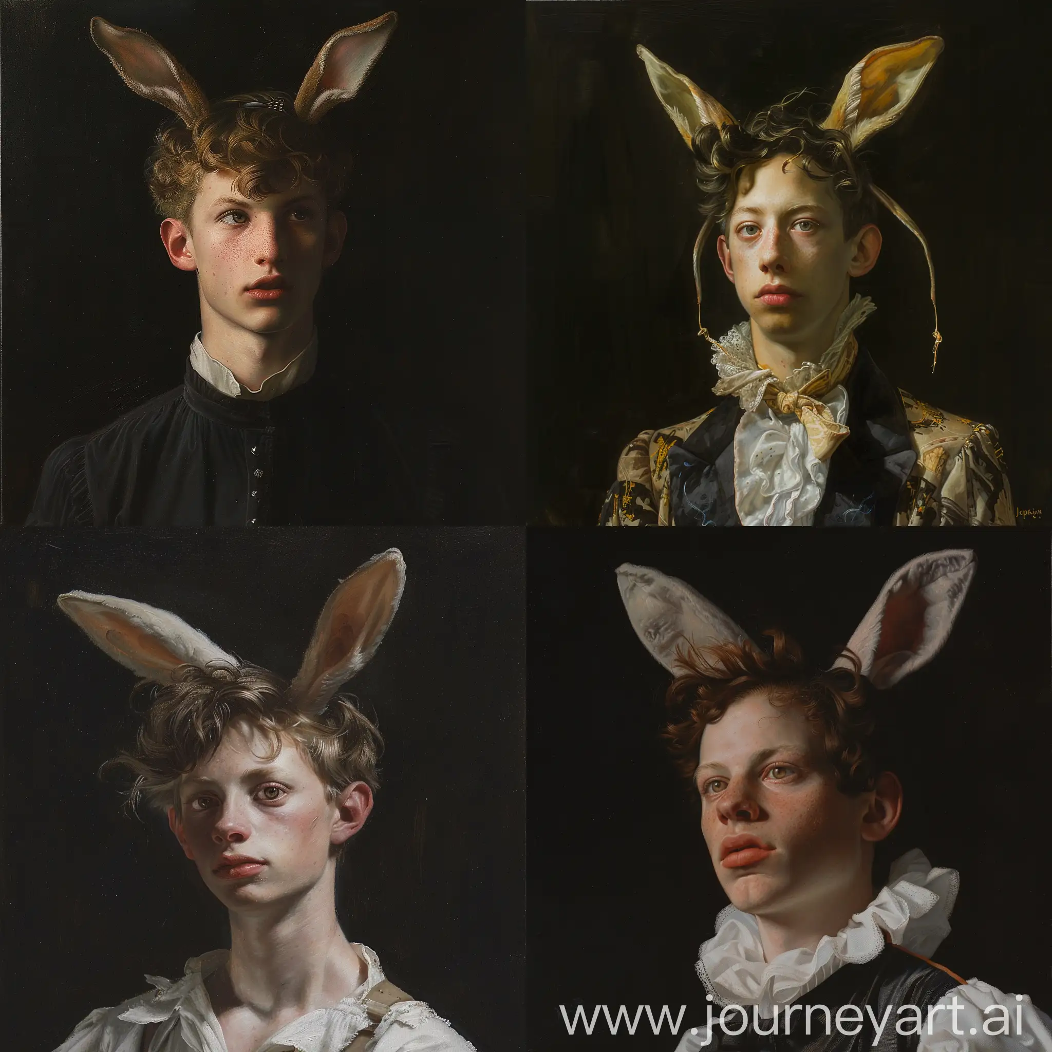 Realistic-Portrait-Painting-of-a-Young-Man-with-Rabbit-Ears-on-Black-Background