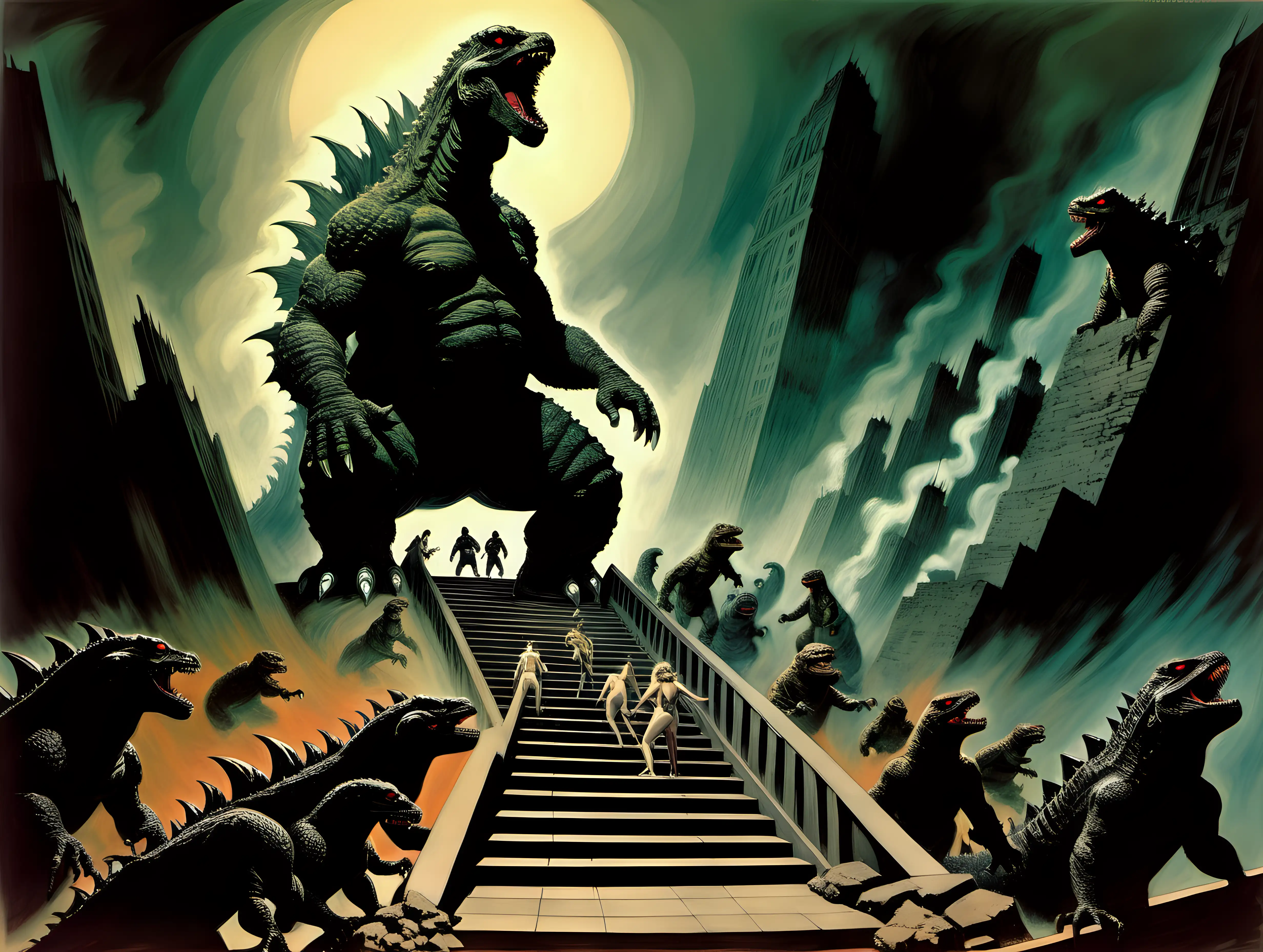 Downward stairs to Hell with Godzilla and other monsters in style of surrealism by frank frazetta
