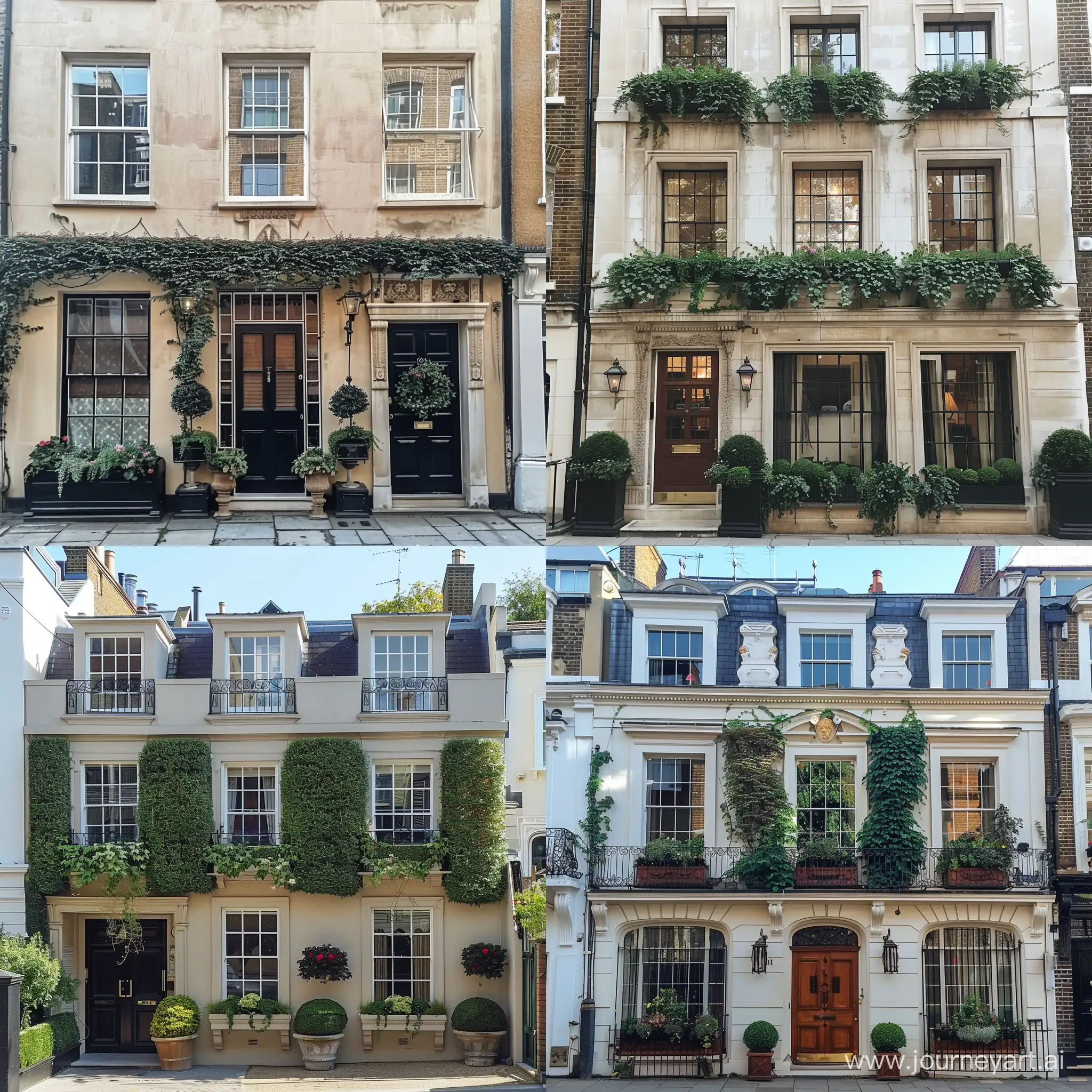 /imagine a stucco frontage town house in London with hedging ivy in window boxes on the front of the propert
