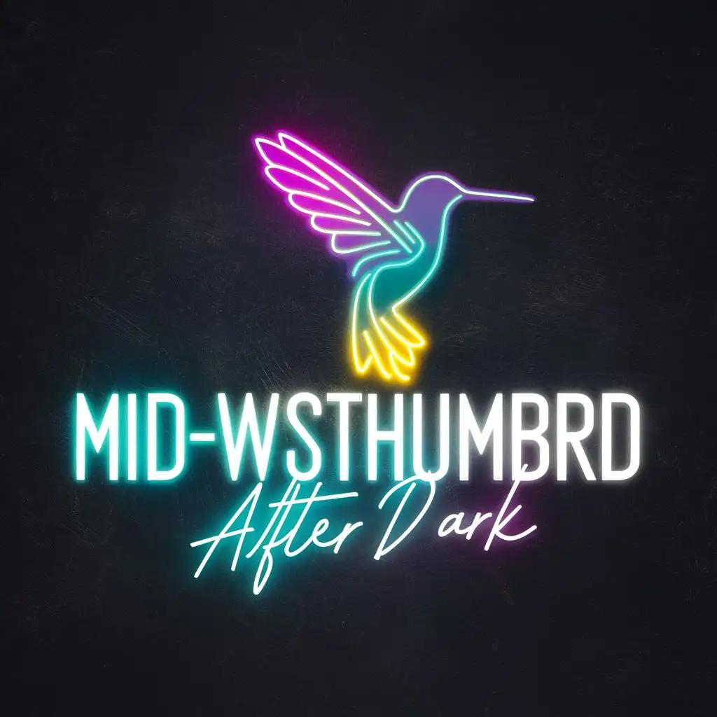 logo, 3d, humming bird silhouette , purple, teal, yellow, grey, white and black, neon, with the text "Midwsthumnbrd After Dark", typography