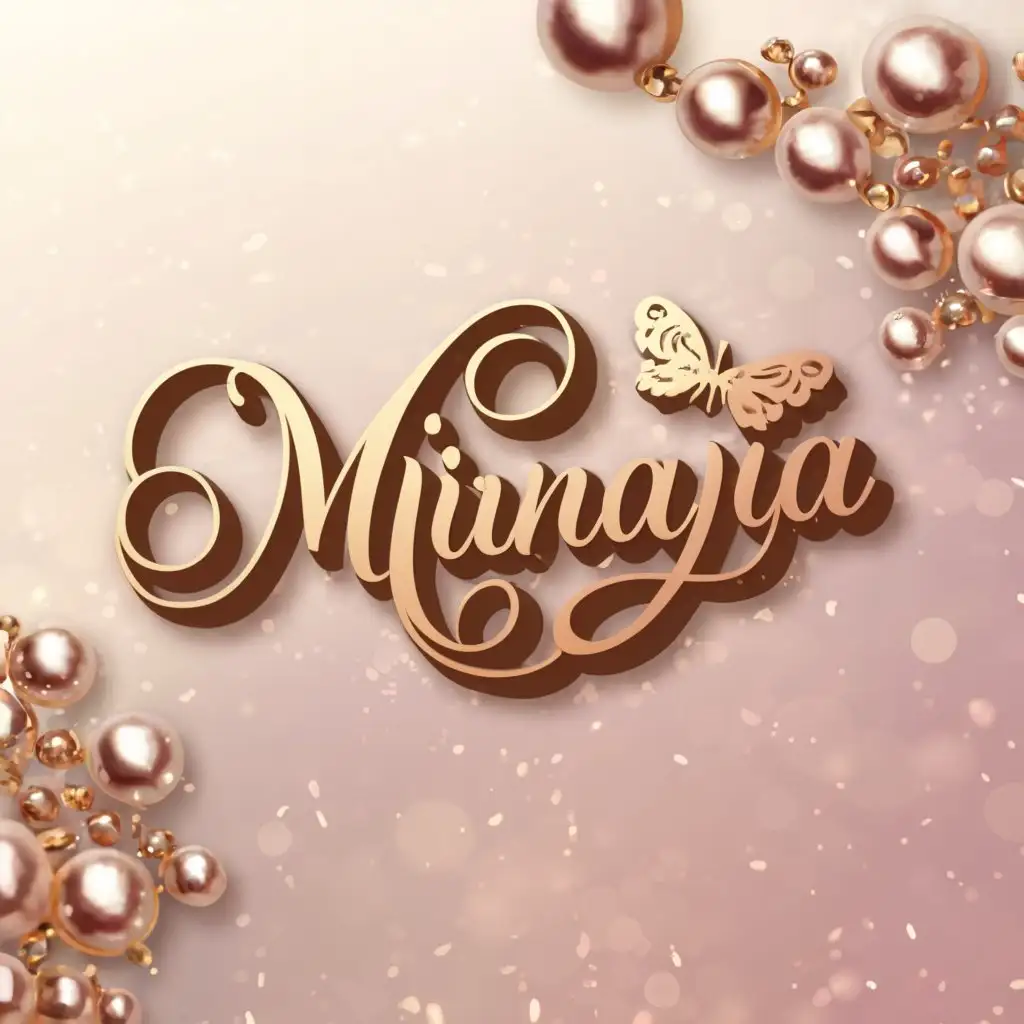 a logo design,with the text Mirnaya accessories, main symbol: Design a 3D logo for an Instagram business page titled Mirnaya Accessories, specializing in selling bracelets, earrings, and rings. The primary color scheme should include shades of pink and violet, or solely pink but the main logo in gold. Key elements of the logo should feature the name Mirnaya Accessories and some pearls with the accessories in a feminine readable font, alongside representations of the accessories with heart and butterfly. Minimalistic,clear background
