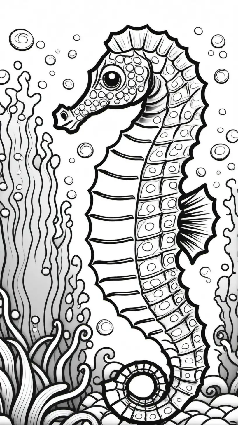 Cartoon Style Coloring Page Playful Seahorse Swimming with Coral Reefs