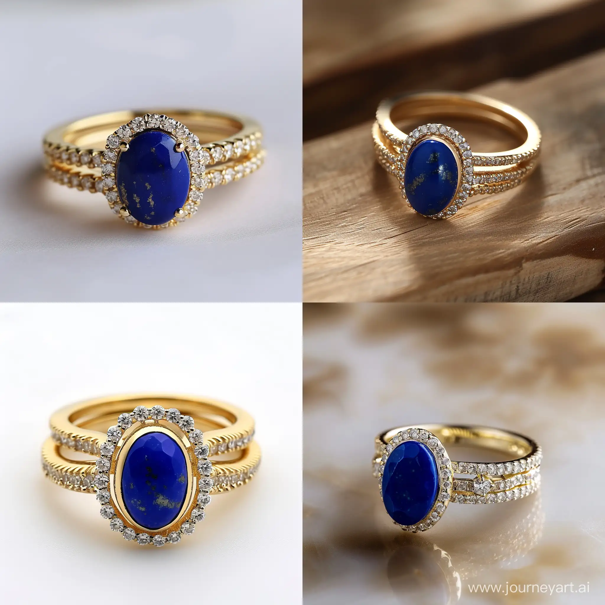 /imagine prompt gold ring with ovale cut lapis lazuli 2cm long and 1.5 cm wide and diamonds around it vintage style set