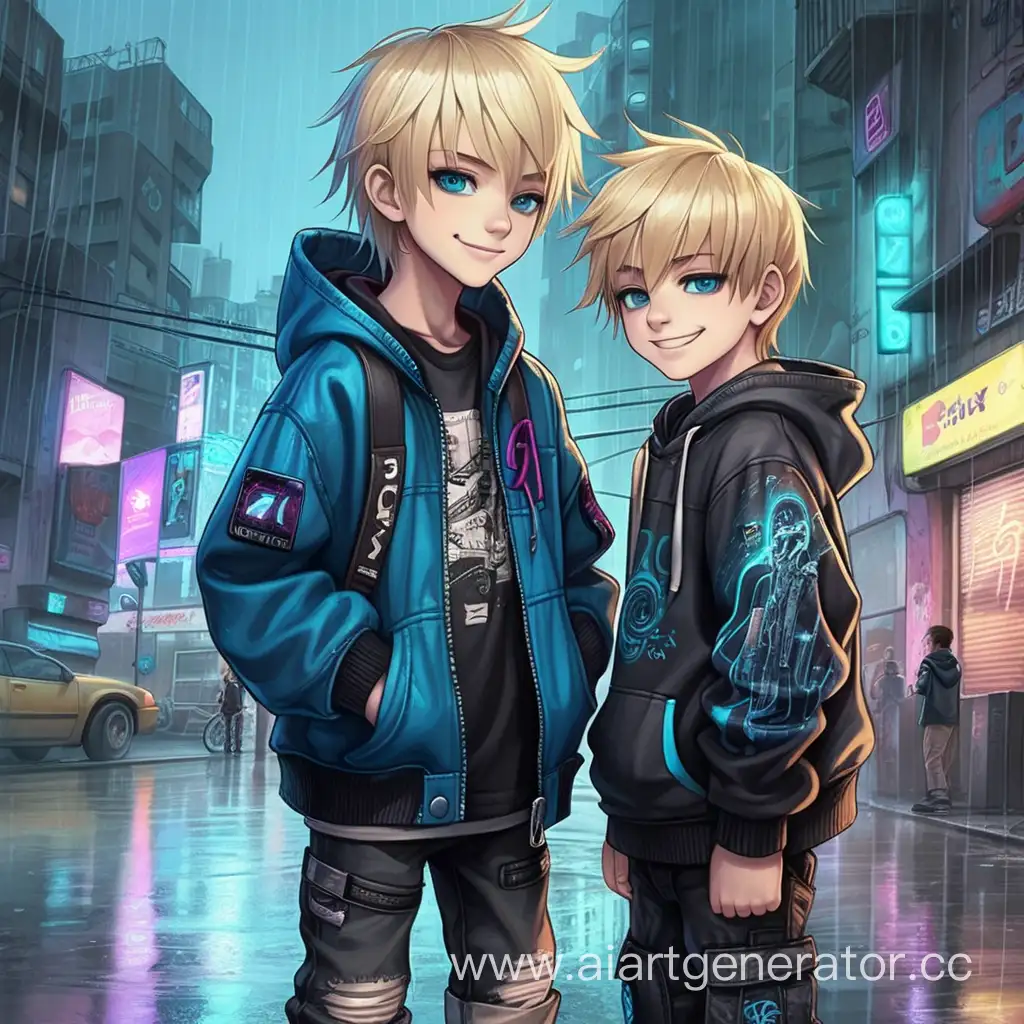 Blonde hair, blue eyes, emo, 2 boys, 8 years old, smile, city streets, cyberpunk, rain