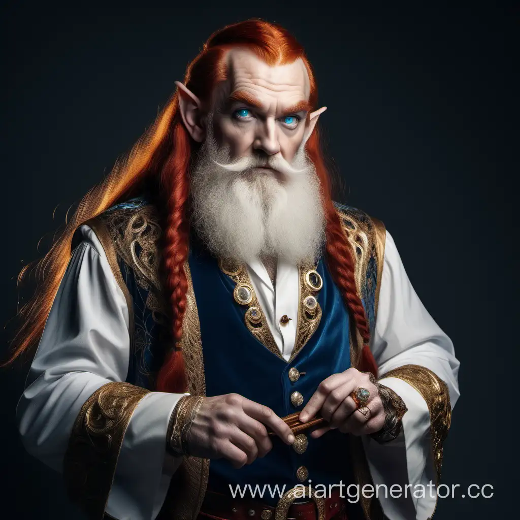 A dwarf man with long elven ears and blue eyes, a very long white beard to the waist and long red hair, dressed in rich and expensive clothes decorated with gold and precious stones, with a cane and rings on his fingers. He is a magician of ice and snow.