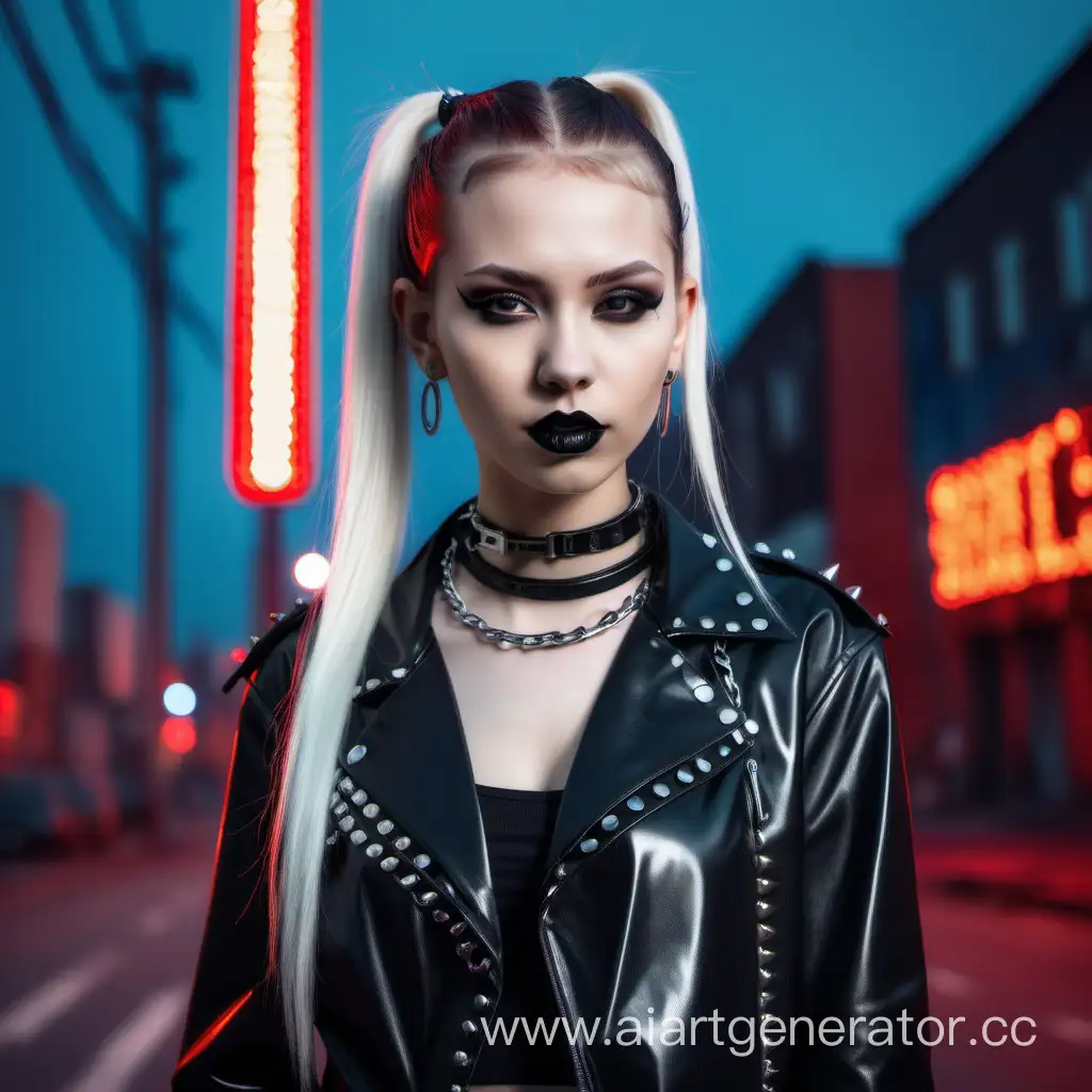 A beautiful girl, singer,
15 years,
Russian,
skinny,
ponytail hairstyle,
black lipstick,
black latex jacket,
white metal rivets, chain on the shoulder,
red T-shirt,
black latex collar,
stands straight
against the background of the neon city street.