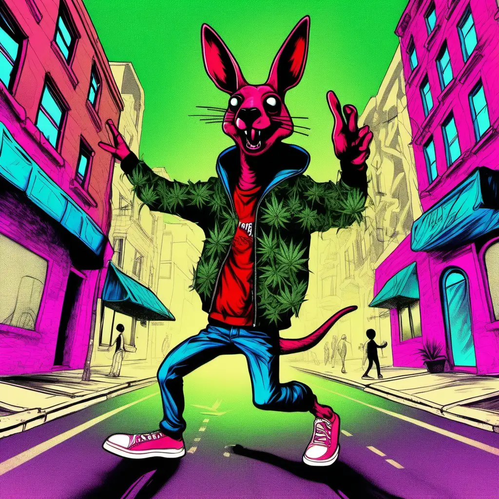 Psychedelic image of a Weed kangaroo with red eyes wearing a bommer jacket dancing gleefully in the streets.