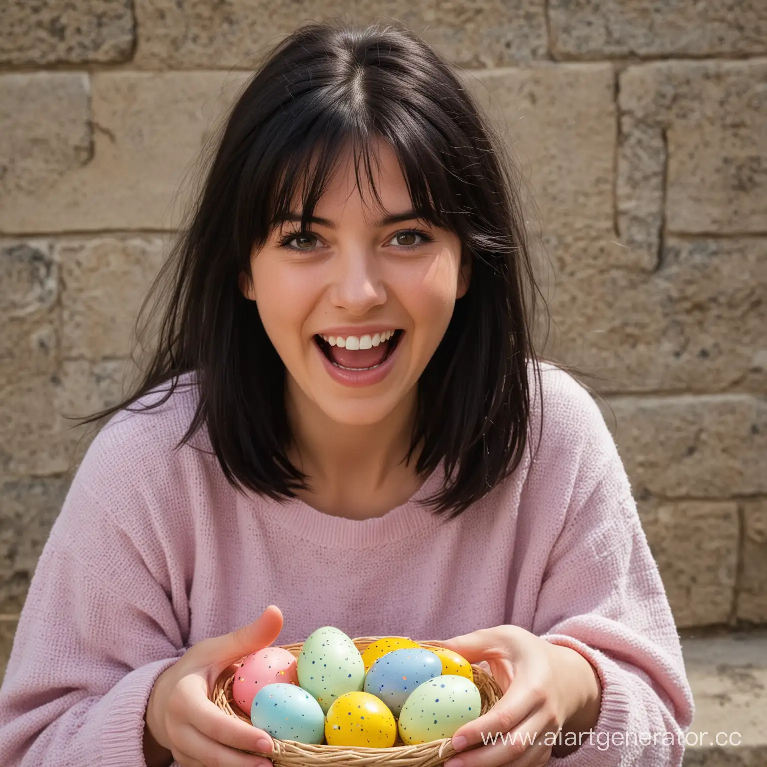 DarkHaired-Girl-Laughing-at-Easter-Egg-1488