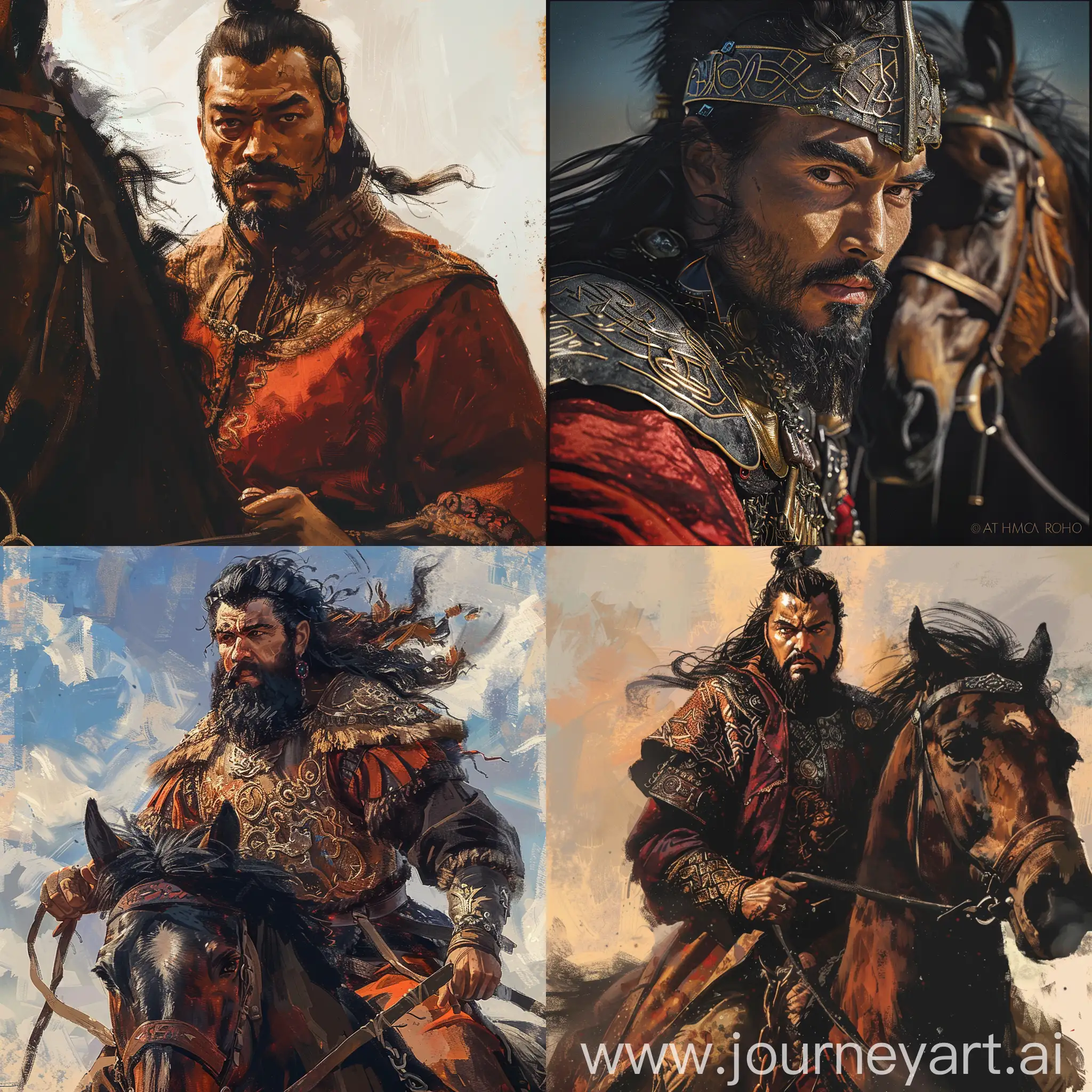 Attila the Hun on his horse, historical accuracy, Turkic, Asian monolid eyes, bold and brave, Digital Painting, painted by Andreas Rocha, Procreate, Close-Up shot