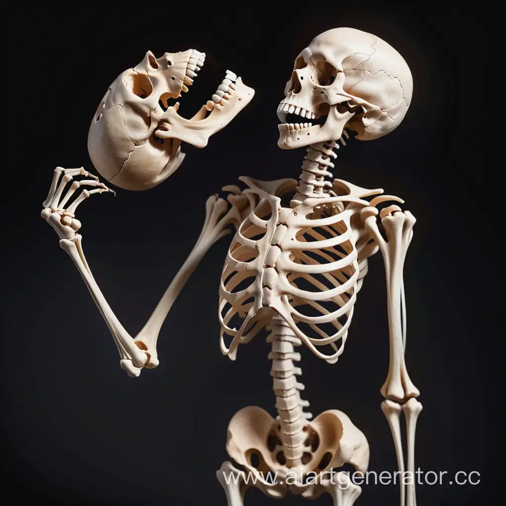 худой скелет в обтягивающей коже стоит боком и держит большую челюсть
