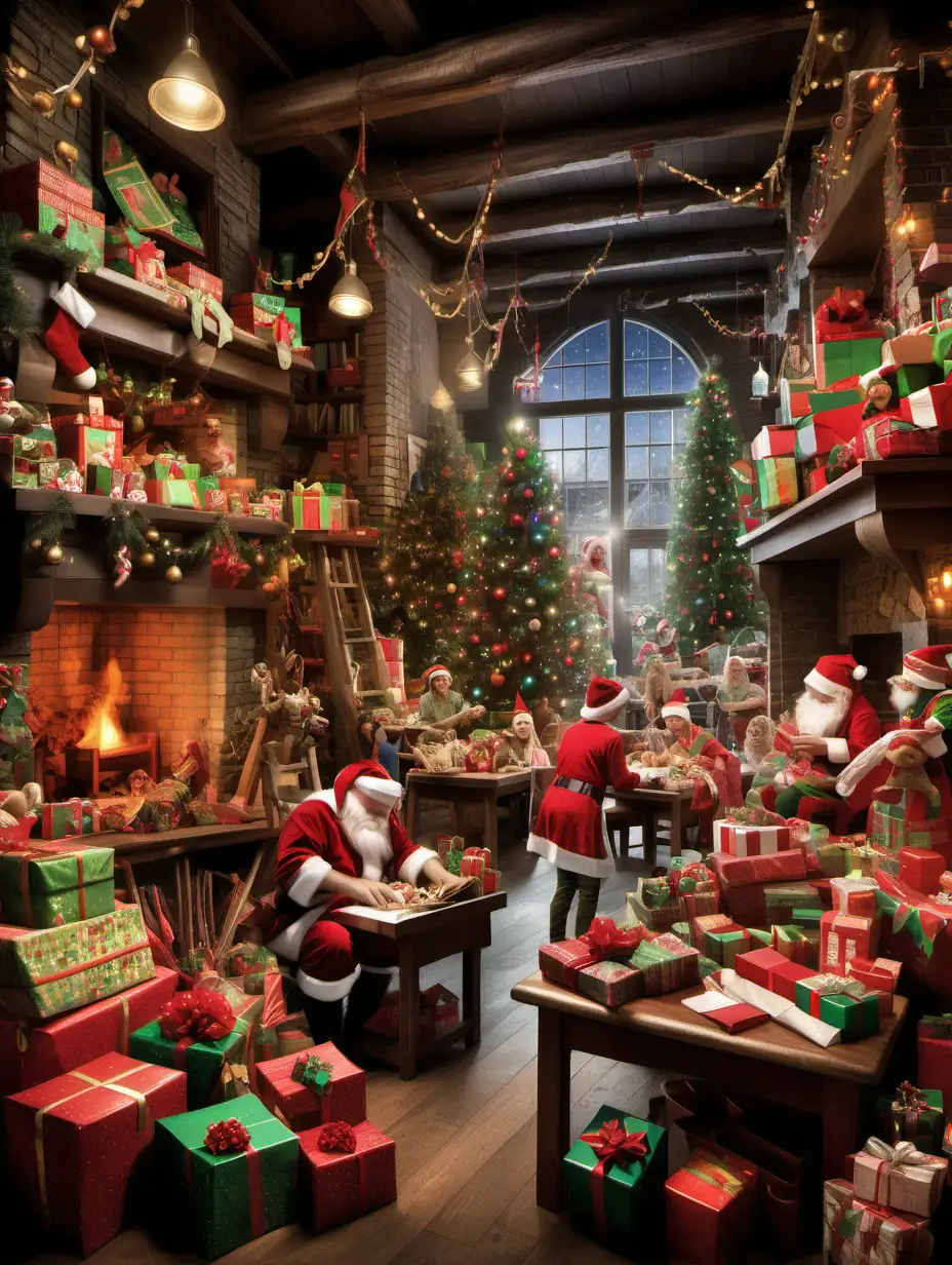 Enchanting Christmas Eve Scene Santas Workshop Abuzz with Elves Crafting Gifts