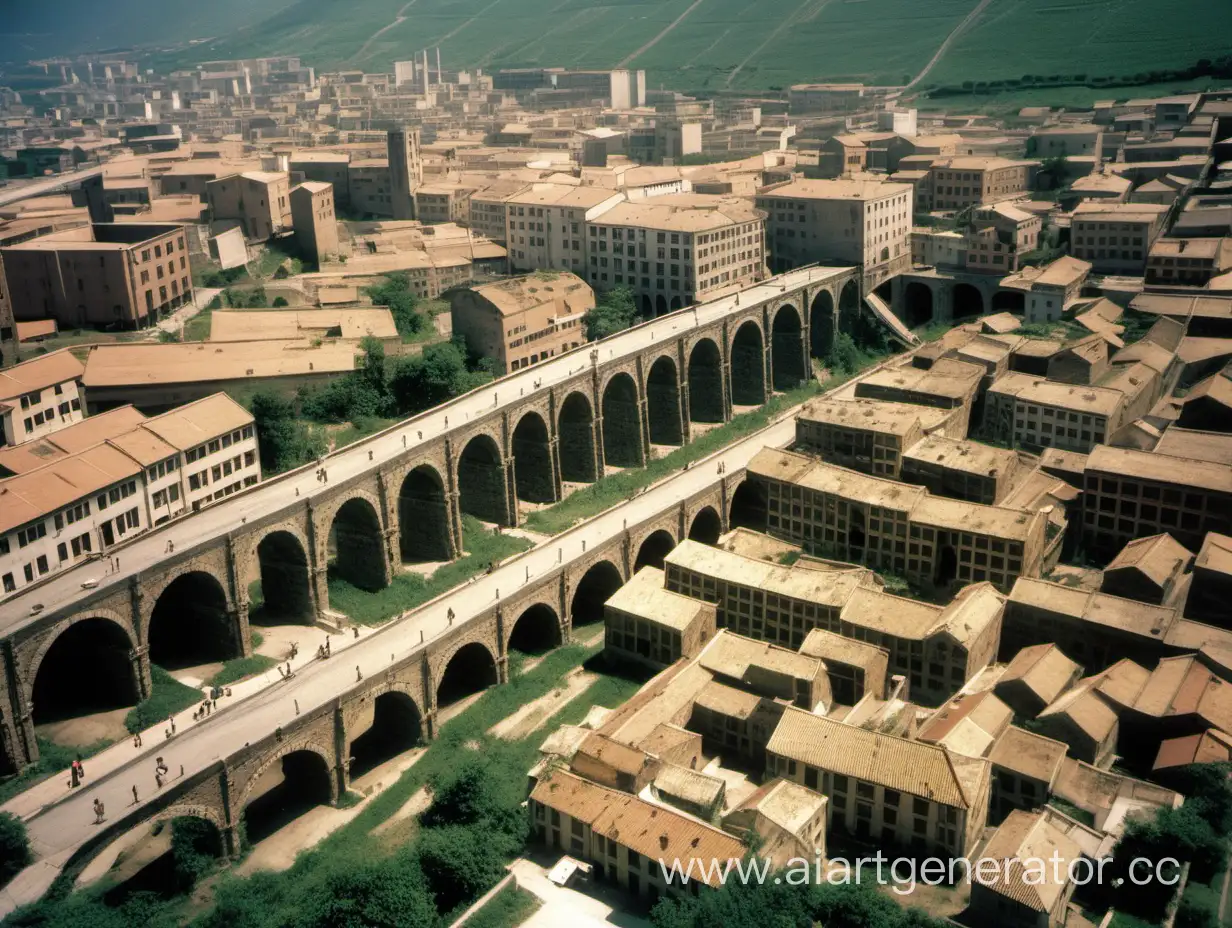 city-line, city-road, aqueduct in the center, 14th century, stone buildings, factories, mines, slums, university