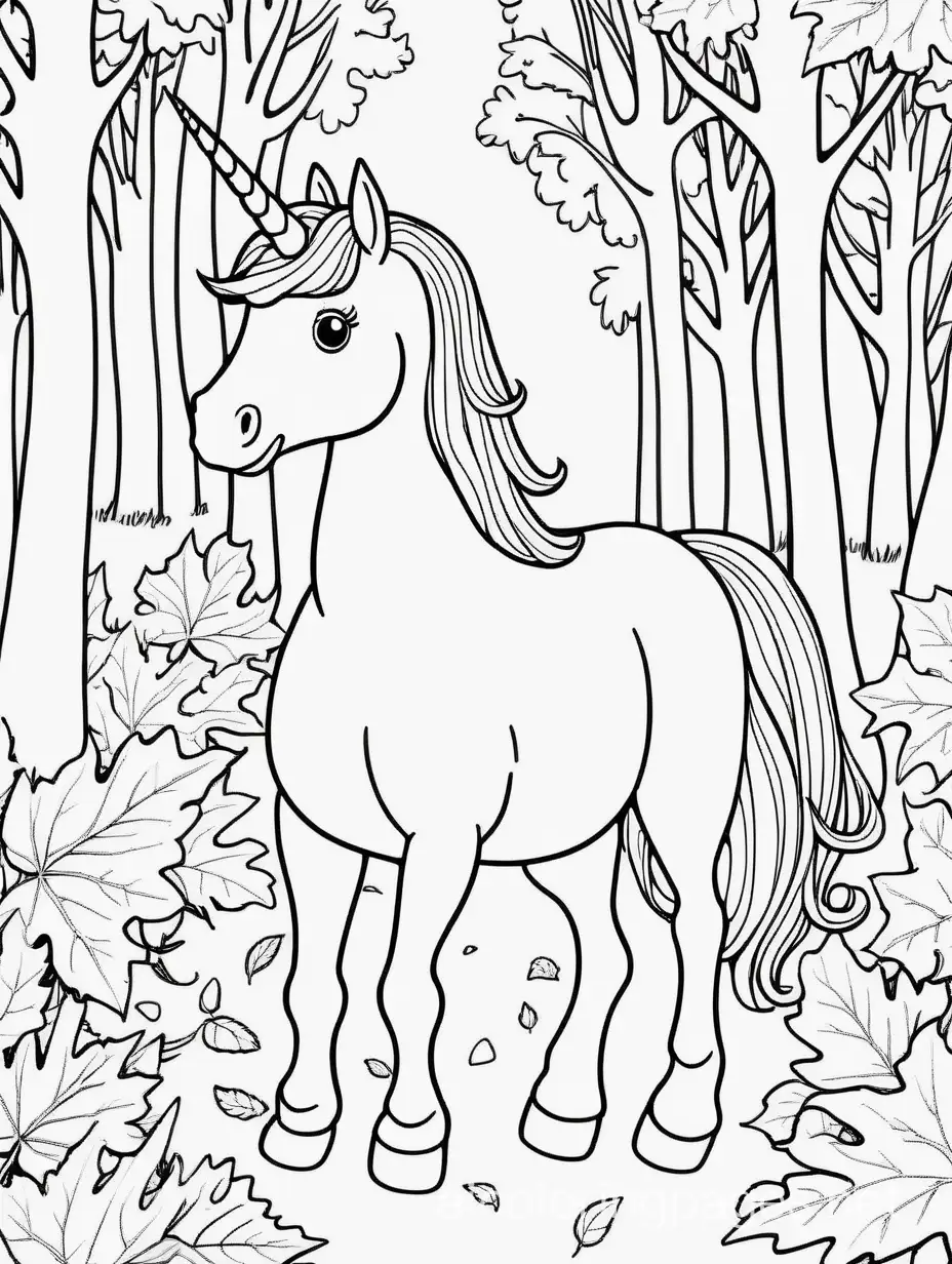 Unicorn walking in a fall forest.

, Coloring Page, black and white, line art, white background, Simplicity, Ample White Space. The background of the coloring page is plain white to make it easy for young children to color within the lines. The outlines of all the subjects are easy to distinguish, making it simple for kids to color without too much difficulty