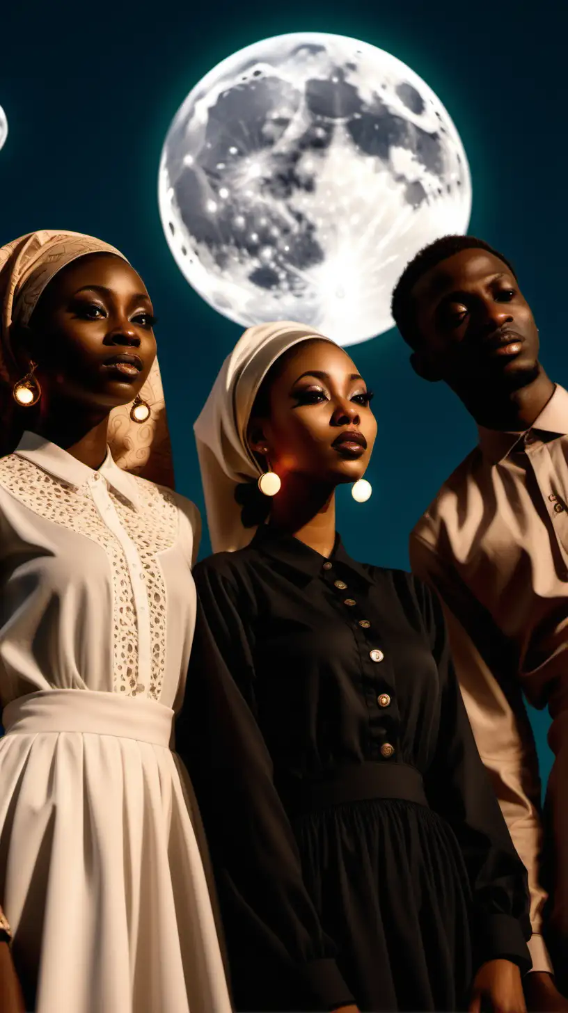 upclose shot of black people in modest ballroon clothes with giant full moon in the back ground