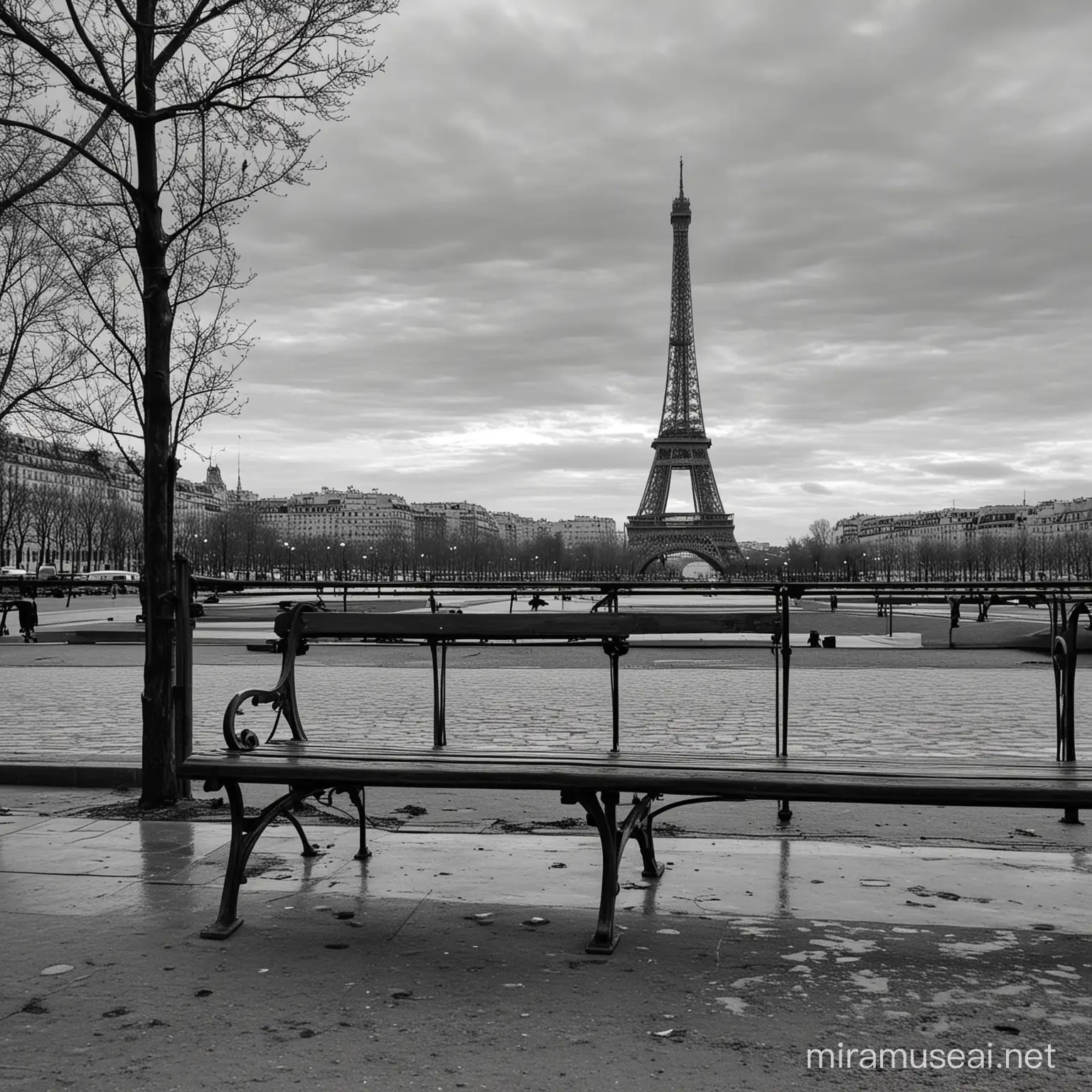 Solitary Bench Beneath the Iconic Eiffel Tower in Paris