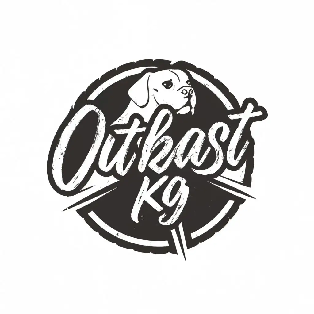 logo, a logo for a pet company named "OUTKAST K9" using permanent marker font and Dogo Argentino, with the text "dog", typography