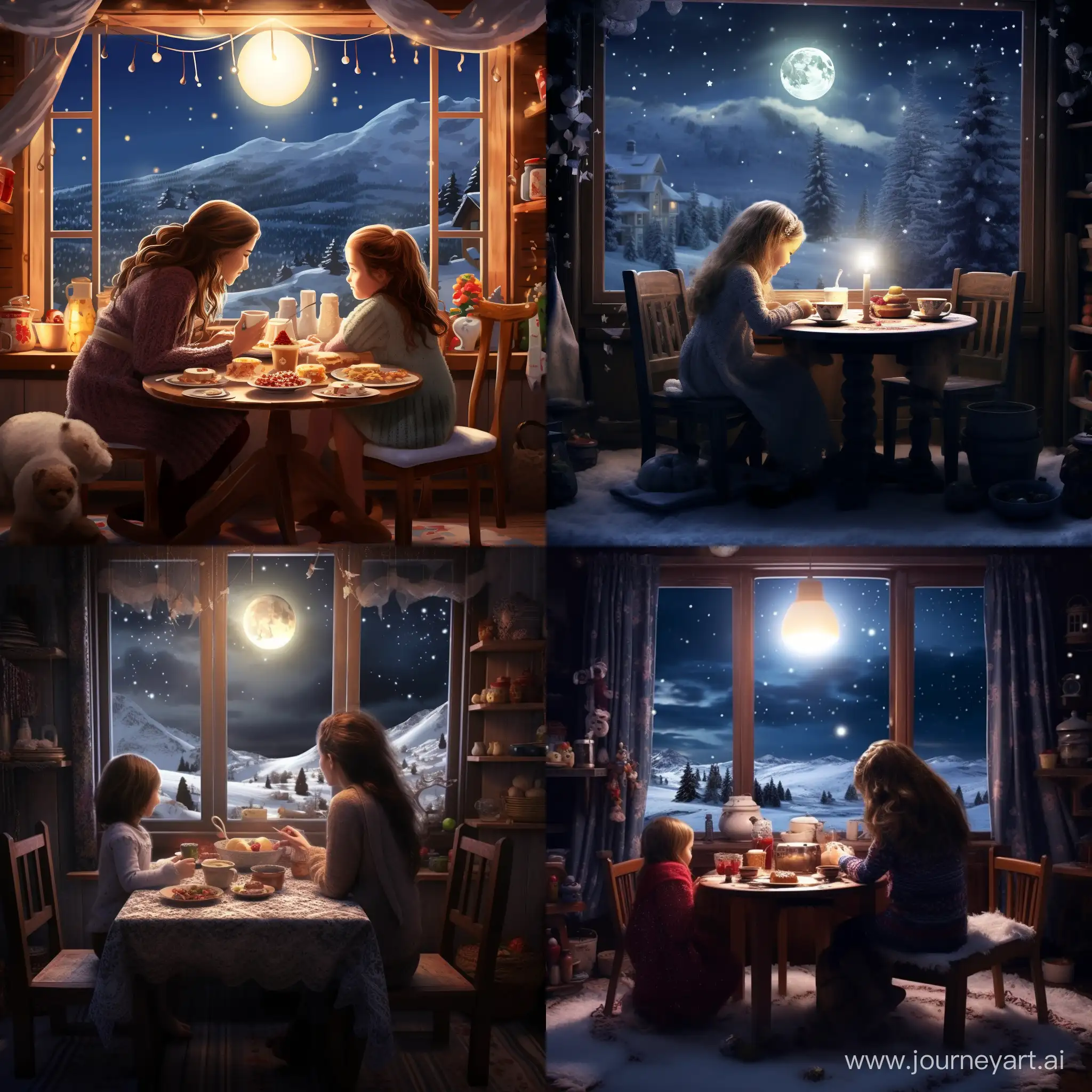 Adorable-MotherDaughter-Dinner-Scene-with-Snowfall-View