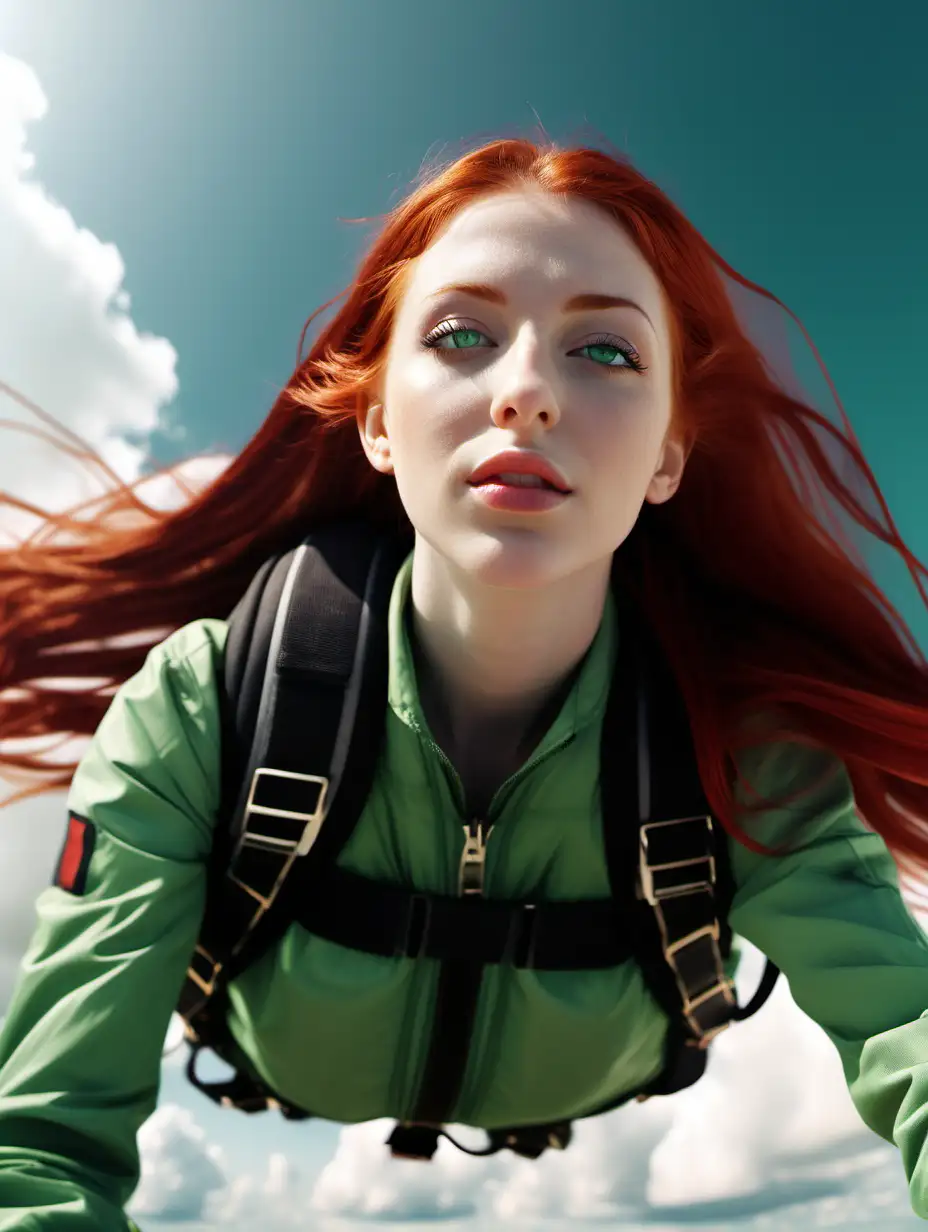 Create a photograph of 25-year-old years old magella green, long red hair, green eyes, perfect face, perfect lips. Falling in the sky with the parachute. High definition 8k image, octane render.