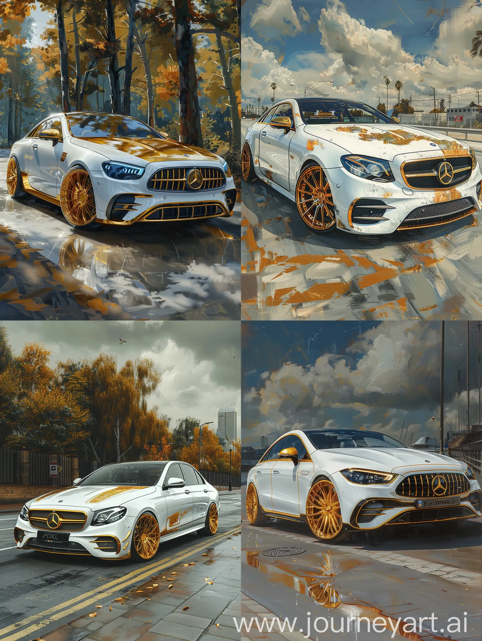 Exquisite-8K-Oil-Painting-of-White-MercedesBenz-ECool-with-Gold-Accents