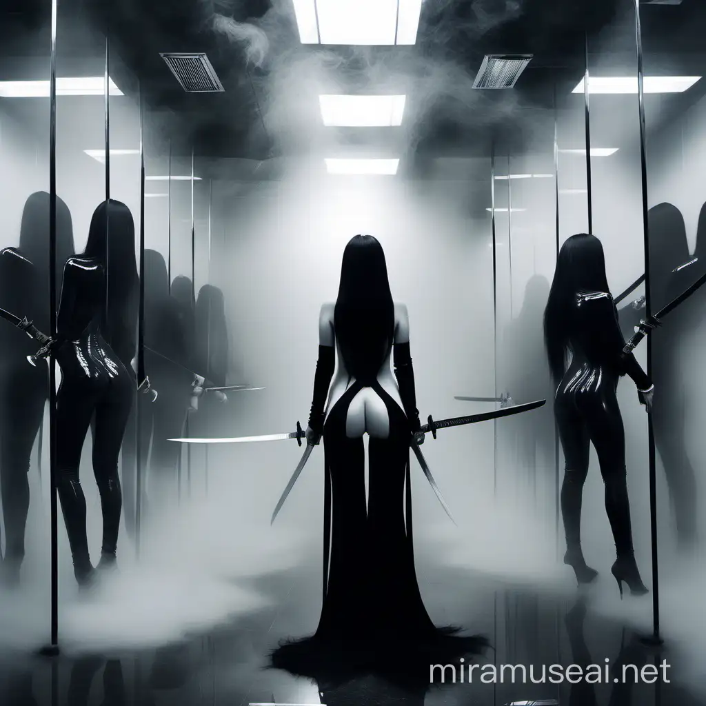 black and white, blame girl, back view, very long black hair, very long straight black hair, black latex bodysuit, latex collar, long black lacquered katana, steam, fog, mirrored room with gray walls, mirrors, faded light in the fog, ceiling mirror, wall mirror