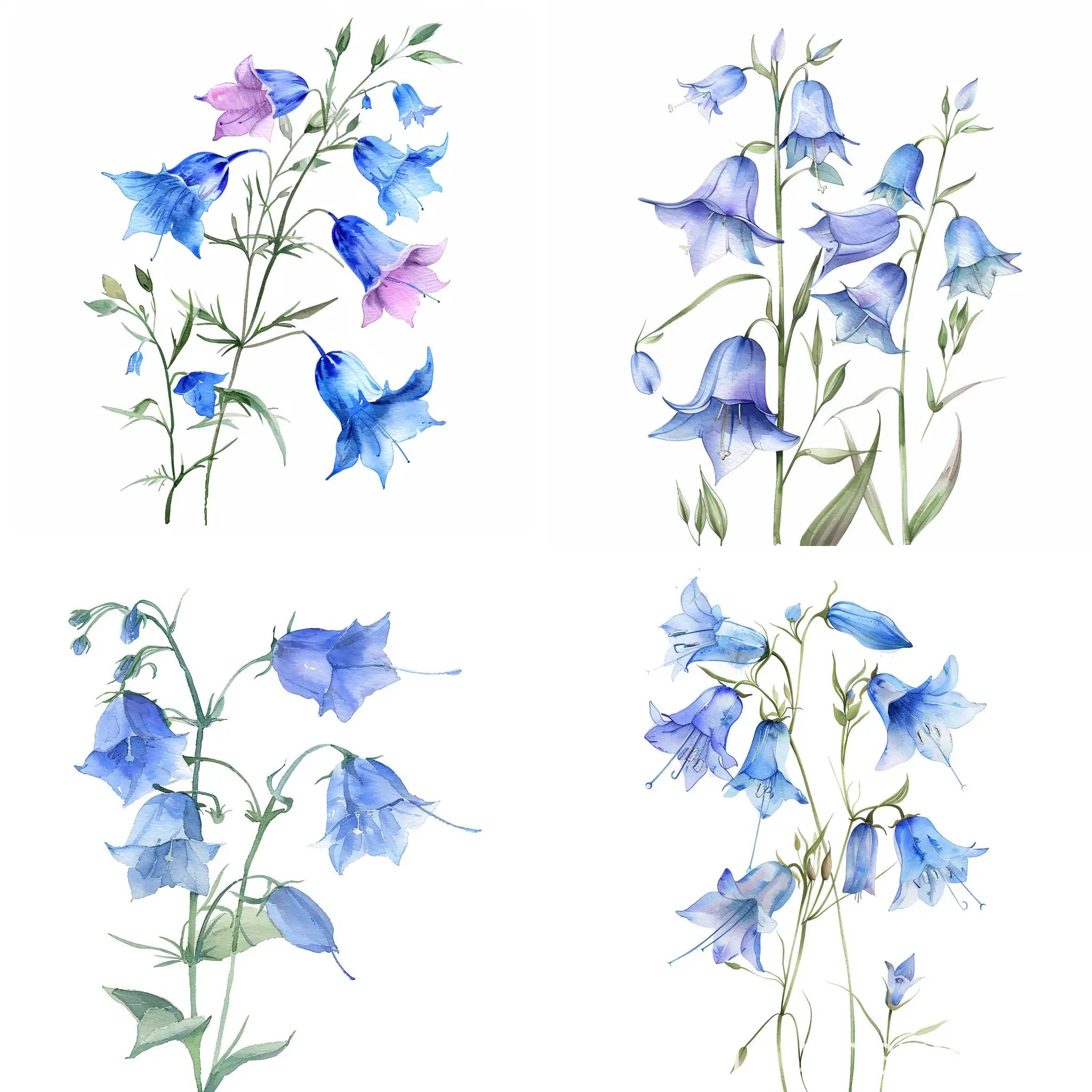 watercolor standing wildflower, bellflowers, soft handpainted, detailed, on white background,