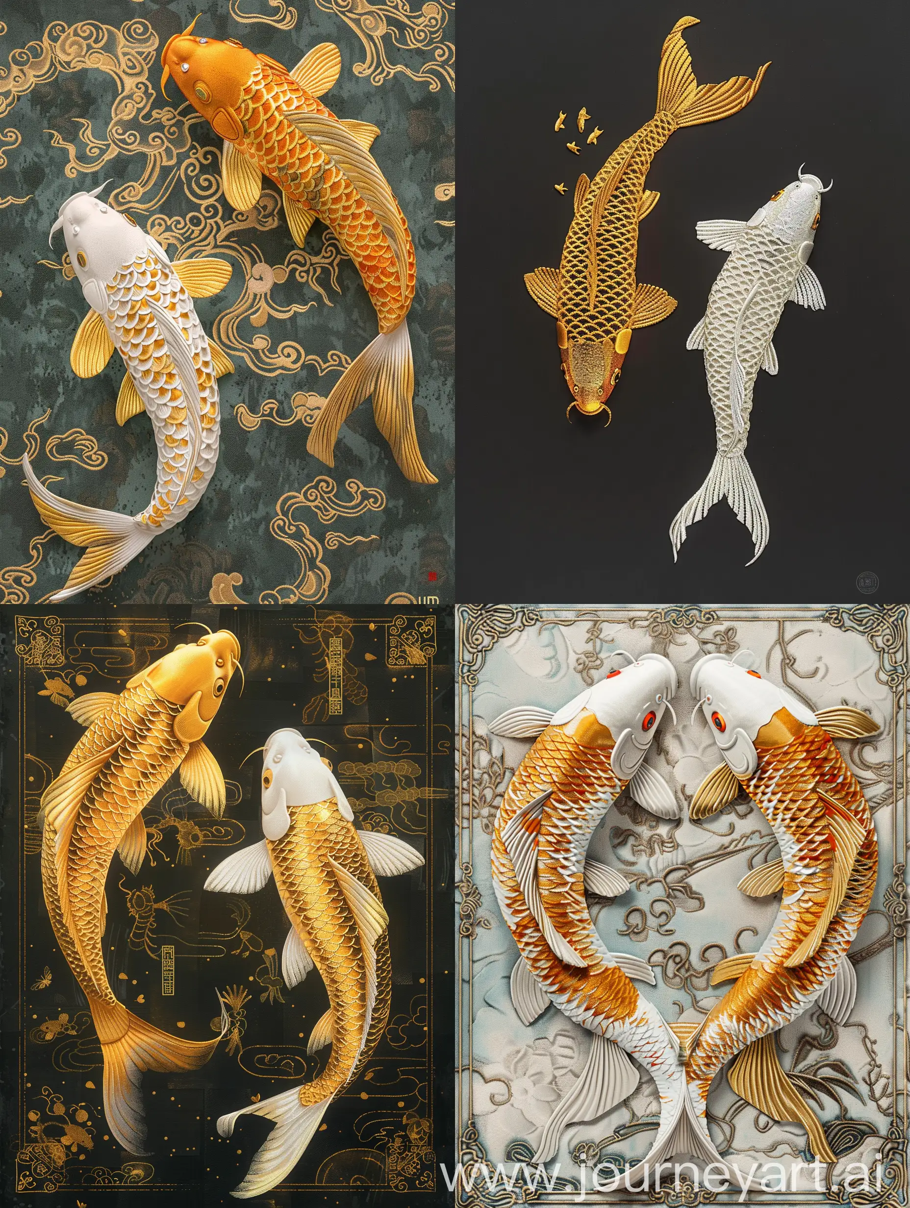 Exquisite-Chinese-Flat-Embroidery-Gold-and-White-Carp-in-Smart-Atmospheric-Ray-Tracing