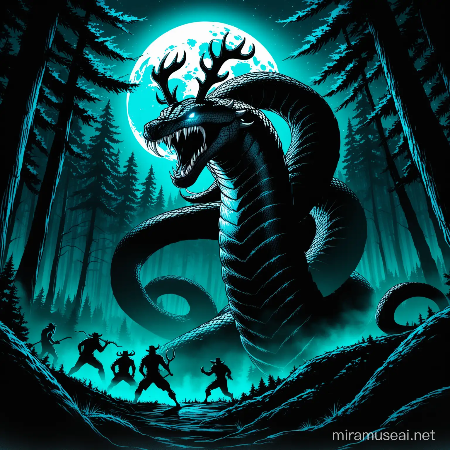 Giant-Cobra with antlers (noir style)
appreance-noir/black/whte/full body/neon blue eyes(only)/ baring fangs/attacking/angry/big antlers on head,
background-noir /forest/campers/moon/night