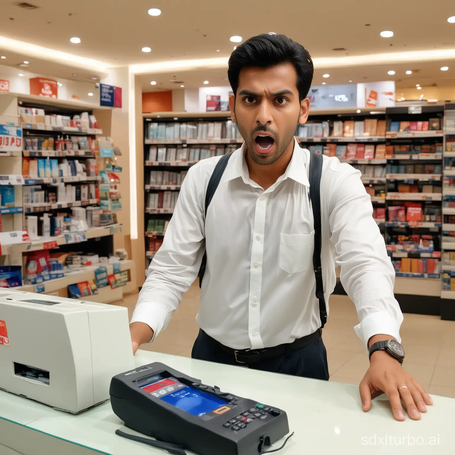 sales man in bill counter shock reaction in shopping mall. indian
