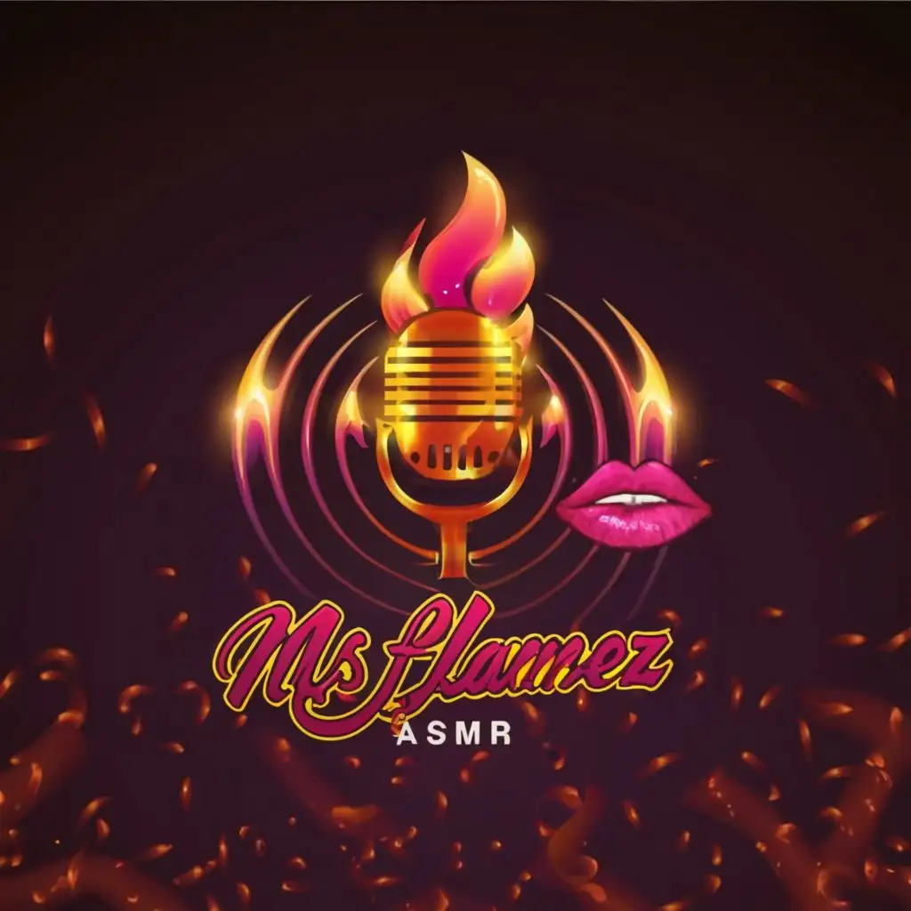 logo, sound waves like fire, 3d realistic fire, rose pink, sexy lips, microphone, with the text "MsFlamez ASMR", typography, be used in Entertainment industry