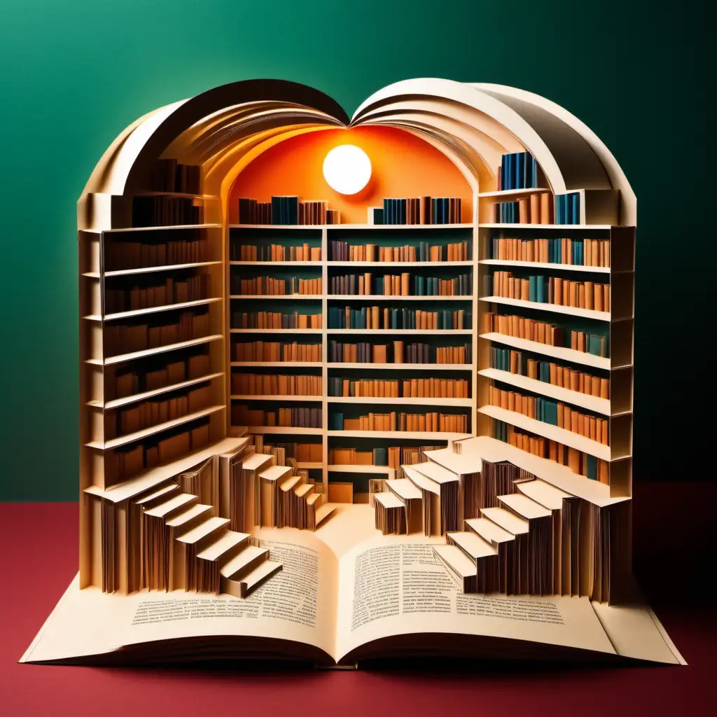 Library of books in paper cut craft