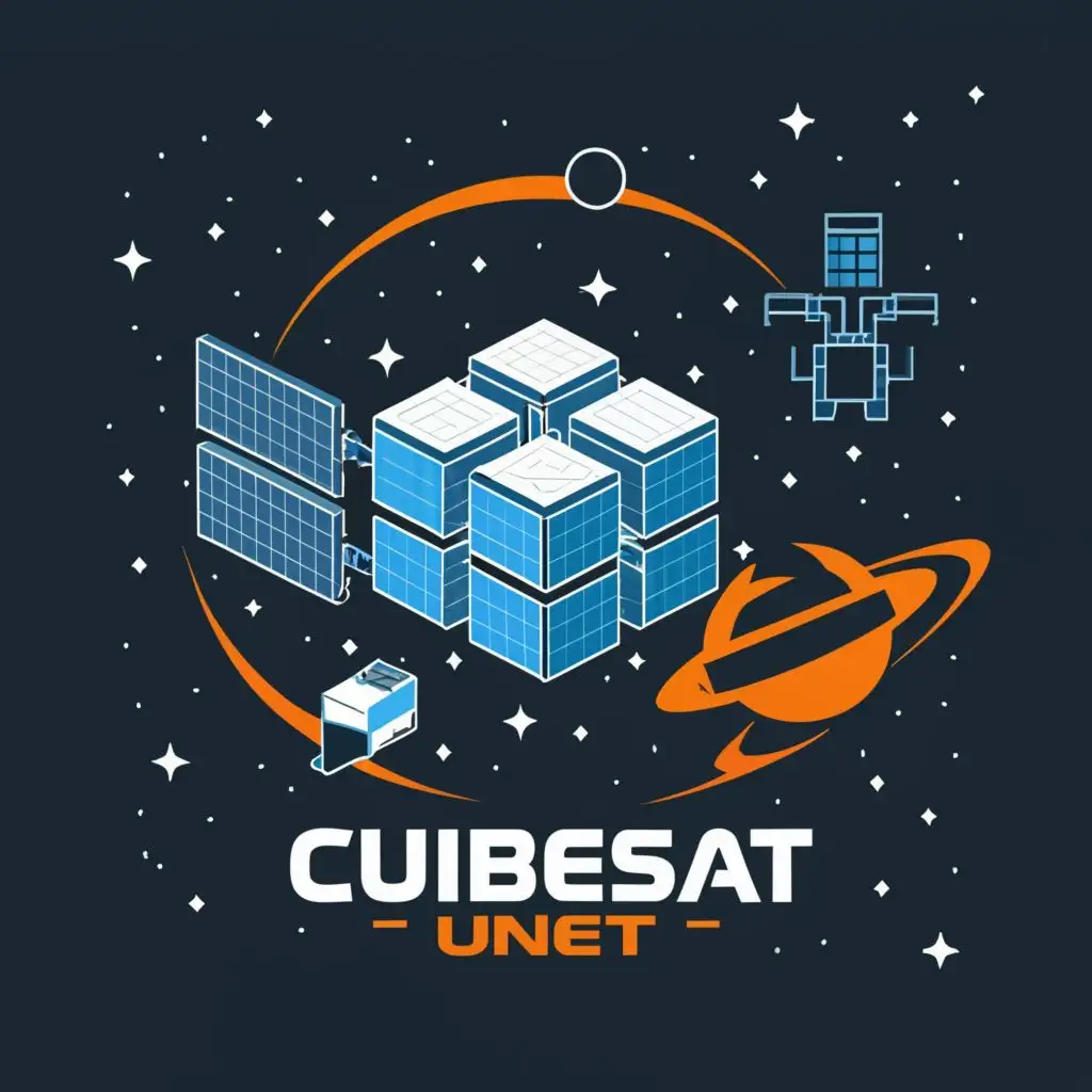 logo, Cubic satellite, Solar panels, orbit, with the text "cubesat unet", typography