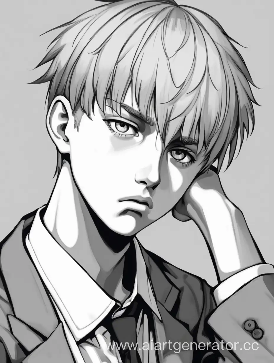 a bored schoolboy. young. The blond guy. a blank stare. the image is in gray tones.