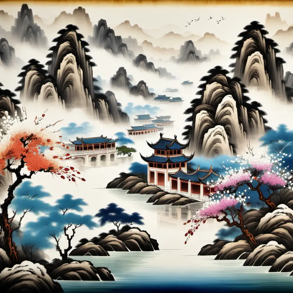 Chinese Landscape Painting with flowers art