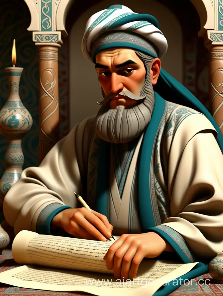The great Uzbek poet, and handsome Alisher Navoi writes on a scroll.