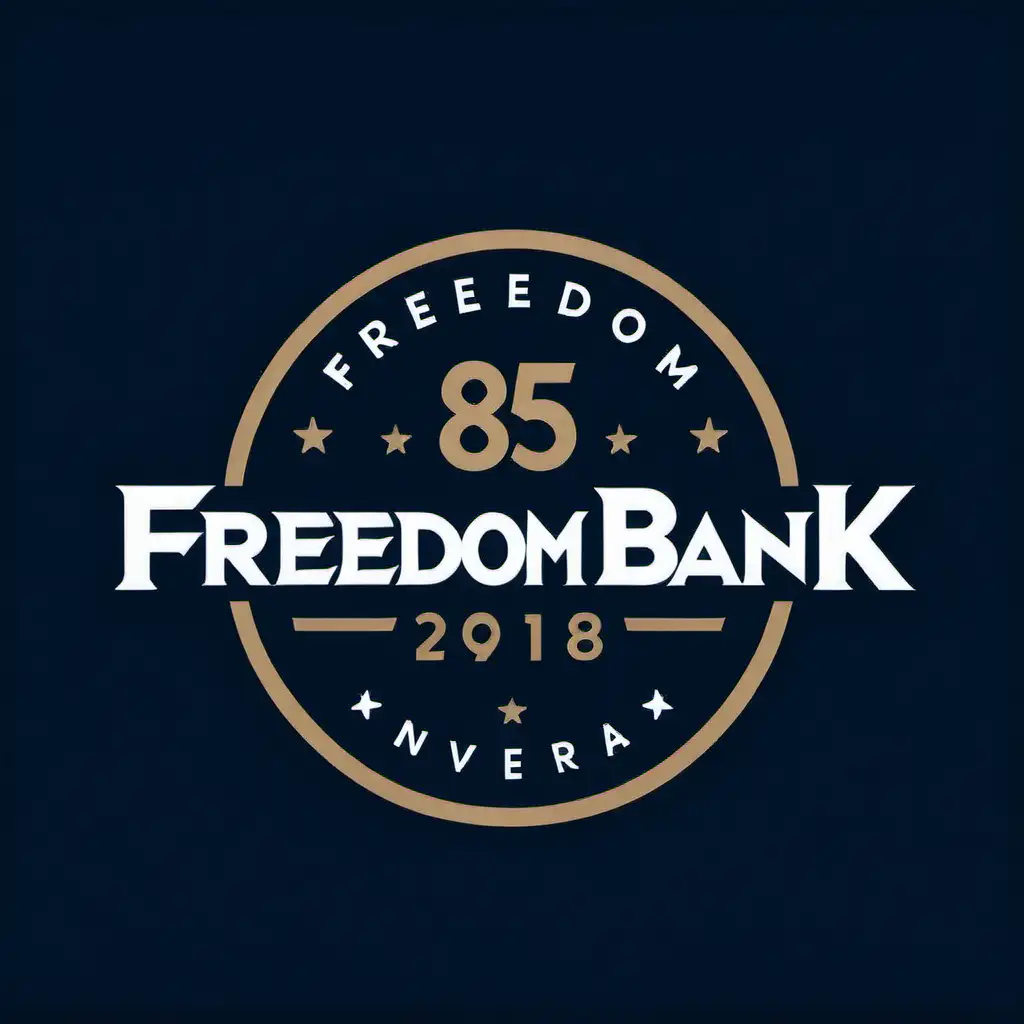 "85th Anniversary" Freedom Bank logo spot color on a dark navy blue background