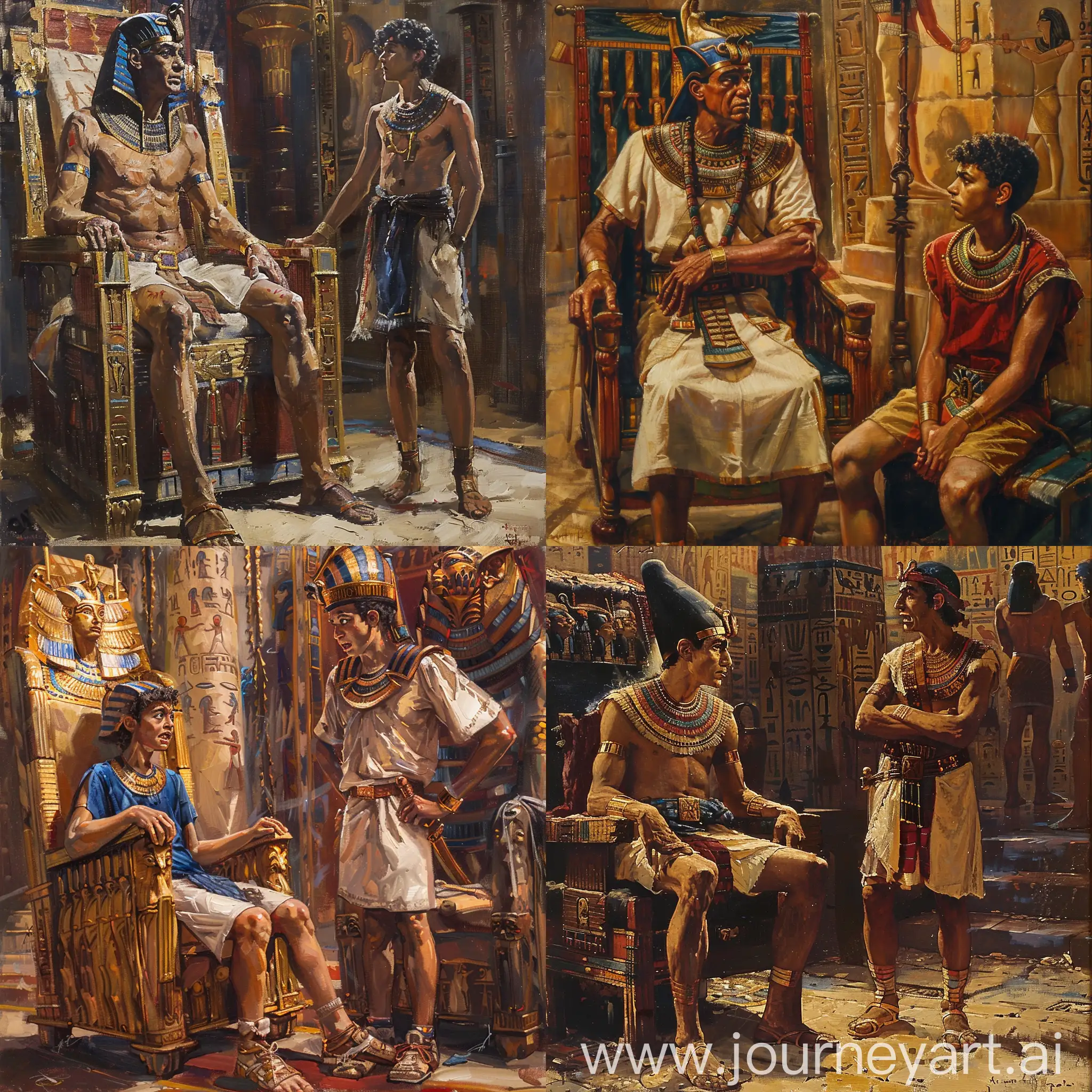 Ancient Egypt, the ancient Egyptian pharaoh sits in the throne room and angrily looks at his 15-year-old son standing before him in a proud pose, unwilling to obey orders, oil painting, painting, tragic plot --v 6 --ar 1:1 --no 49296