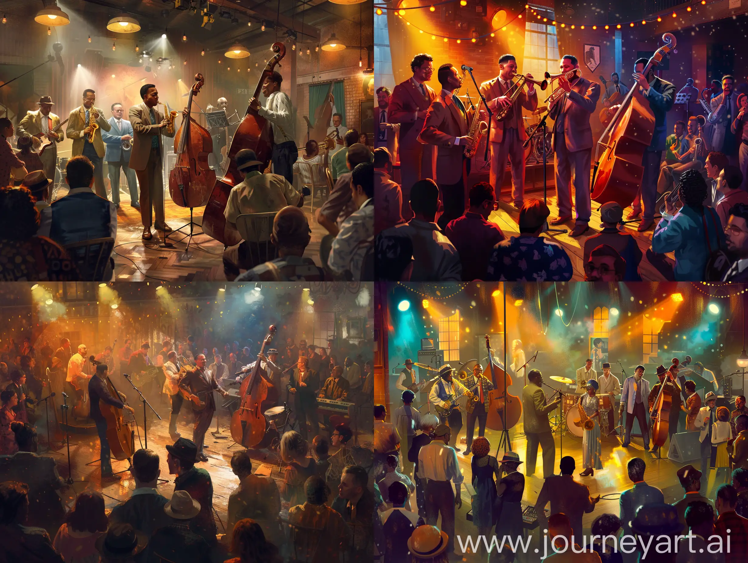 A realistic portrayal of a time-traveling jazz performance, showcasing musicians from different eras playing together on stage, while a crowd of people from various time periods enjoys the show (medium: photorealistic digital painting)(style: inspired by the artwork of album covers and concert posters from different eras)(lighting: stage lighting with a warm, intim discreet atmosphere)(colors: rich and vibrant, reflecting the evolution of jazz and the diversity of the audience)(composition: shot with a 24mm wide-angle lens, capturing the musicians on stage, as well as the eclectic crowd)