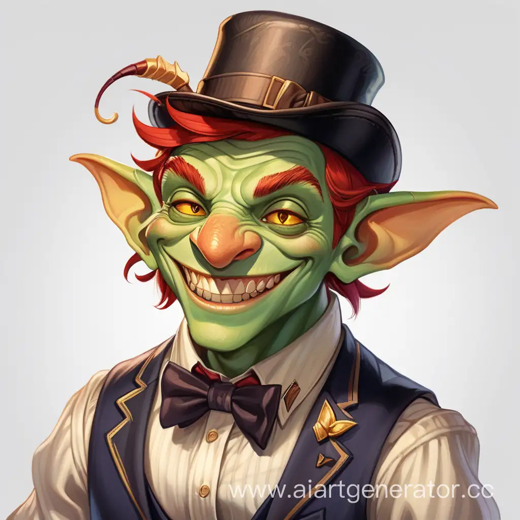 Male Goblin with yellow eyes, long nose and ears, red hair, sideburns, wearing a cricket hat, a lavish vest, a shirt and a bow tie. A wide smile, has a golden tooth