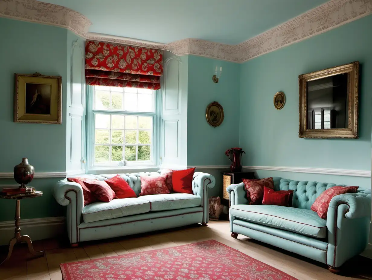 Period room
Duck egg blue chesterfield style sofa 
Pale aqua walls 
Red accents
Patterned Roman blind