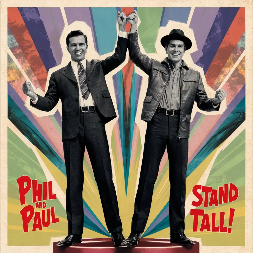 album cover from the 1950s, two men standing on top of each other, words "Phil and Paul STAND TALL!"