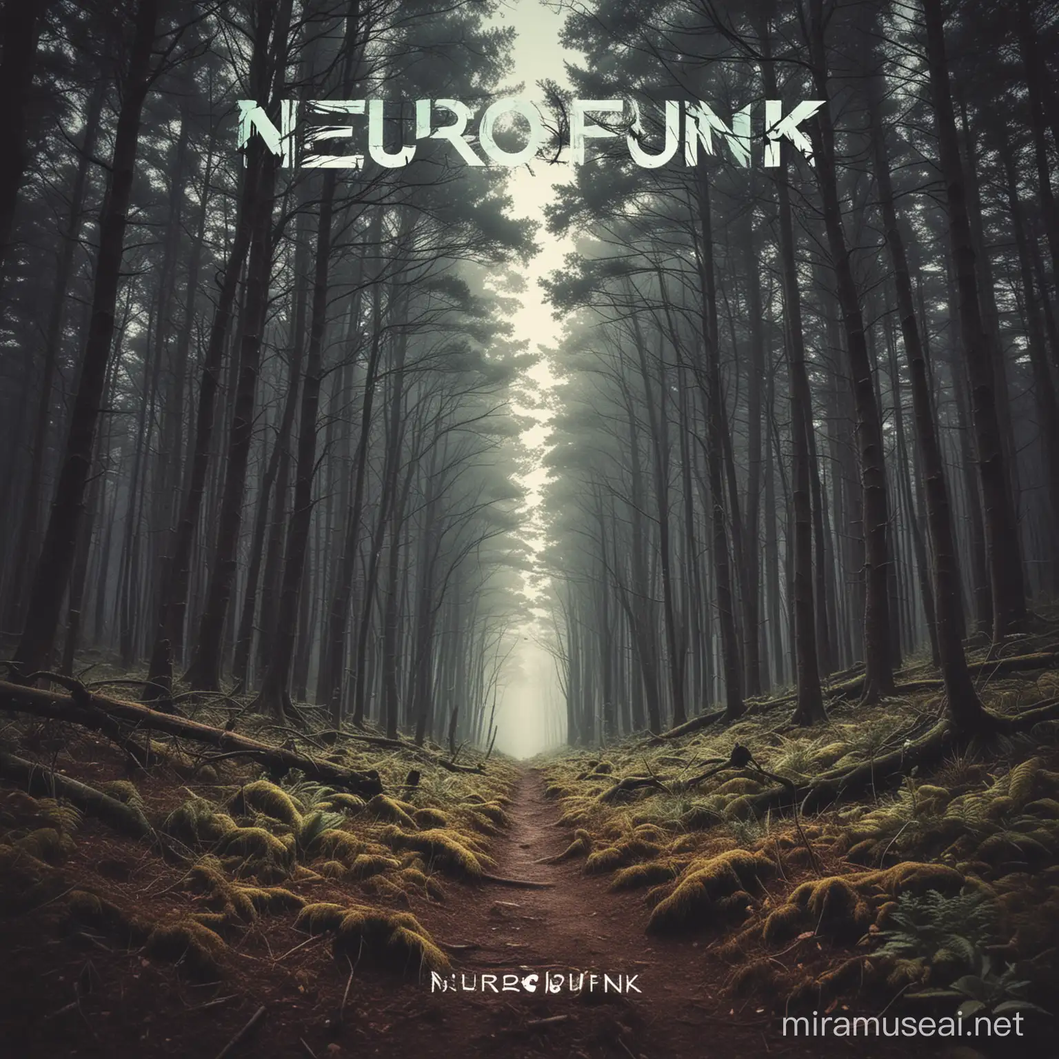 neurofunk album cover with black forest with some faded colours coming through in the light
